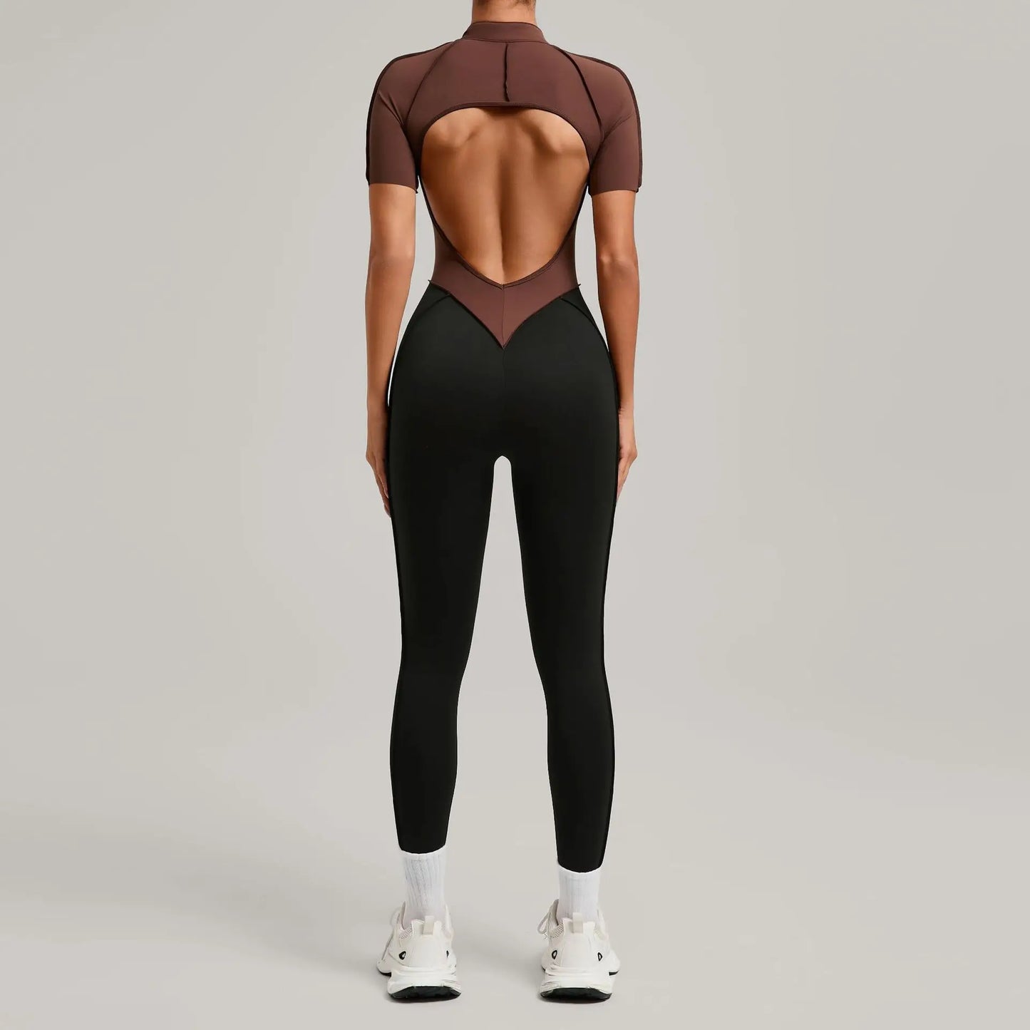 SOISOU Zipper Jumpsuit Women Nylon Clothing Sportswear Woman Gym Yoga Sport Sets Short Sleeve Workout Sets Women Tracksuit