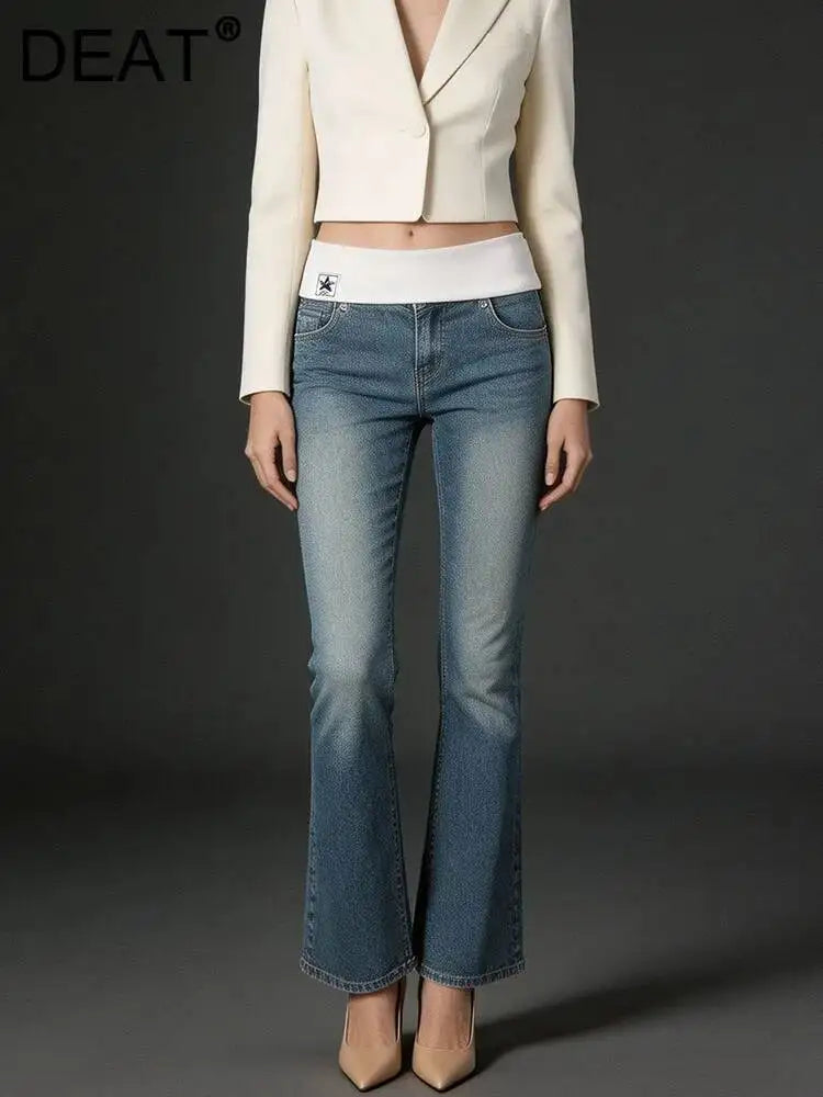 DEAT Fashion Fold Over Waist Flare Jeans Women's Low Waist Slim Light Blue Denim Pants Summer New