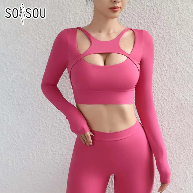 SOISOU Hollow Back Slim Fit Yoga Crop Top Women's Pilates Pullover Shockproof Sports Long Sleeve High Elastic Fitness T Shirt