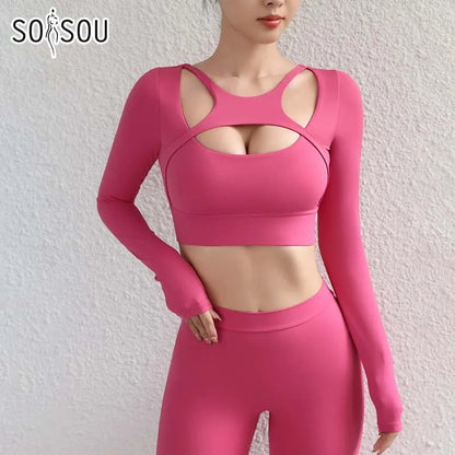SOISOU Hollow Back Slim Fit Yoga Crop Top Women's Pilates Pullover Shockproof Sports Long Sleeve High Elastic Fitness T Shirt