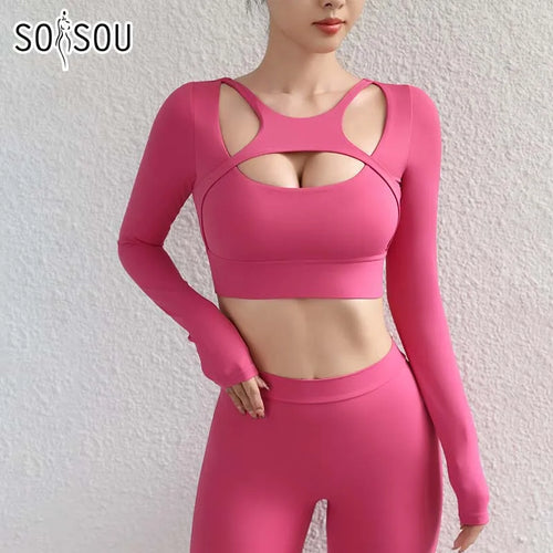 SOISOU Hollow Back Slim Fit Yoga Crop Top Women's Pilates Pullover Shockproof Sports Long Sleeve High Elastic Fitness T Shirt