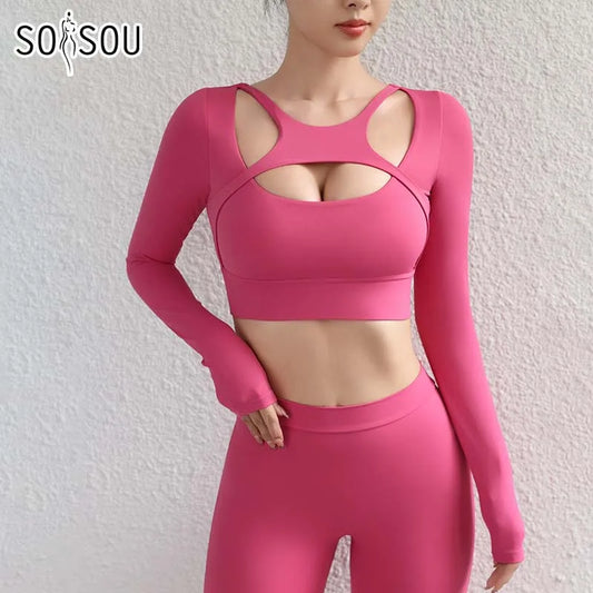 SOISOU Hollow Back Slim Fit Yoga Crop Top Women's Pilates Pullover Shockproof Sports Long Sleeve High Elastic Fitness T Shirt