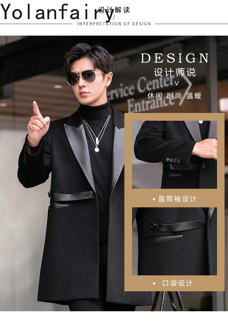 YOLANFAIRY 2025 Autumn Genuine Sheepskin Patchwork Wool Coat Man Clothing Men's Mid-length Suit Windbreaker Trendy Woolen Jacket