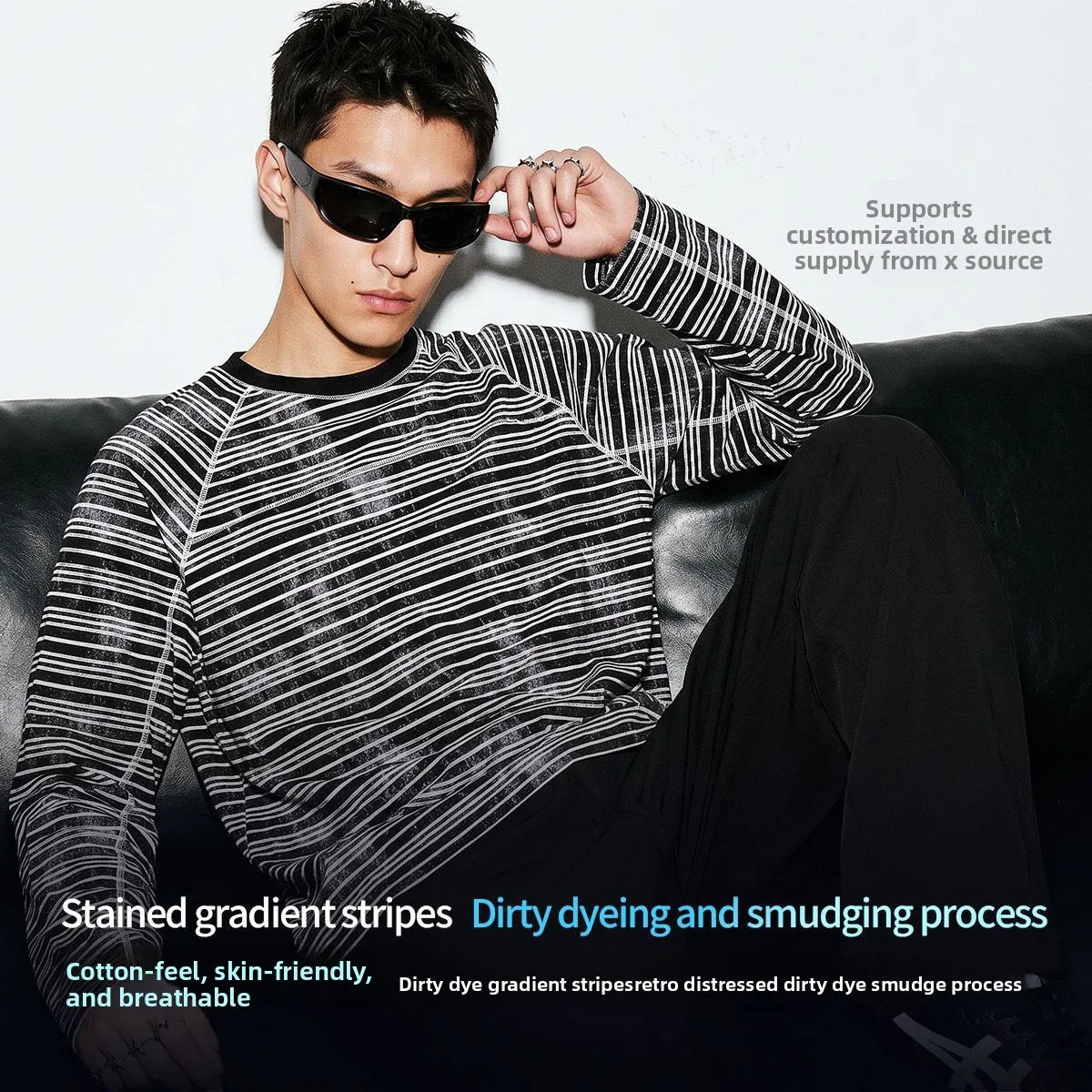 Custom LOGO Men's Cotton Polyester 210G Retro Dirty Dyeing Room Strips Shoulder Rugged Couple Long Sleeve Knitted T-Shirt Top
