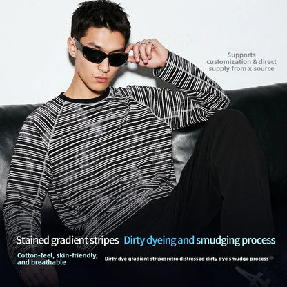 Custom LOGO Men's Cotton Polyester 210G Retro Dirty Dyeing Room Strips Shoulder Rugged Couple Long Sleeve Knitted T-Shirt Top