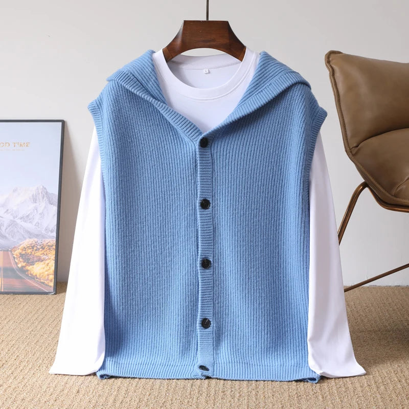 2025 Autumn/Winter Men's Vest 100% Merino Wool Knit Hooded Cardigan Casual Loose Sleeveless Solid Color Men's Cashmere Sweater