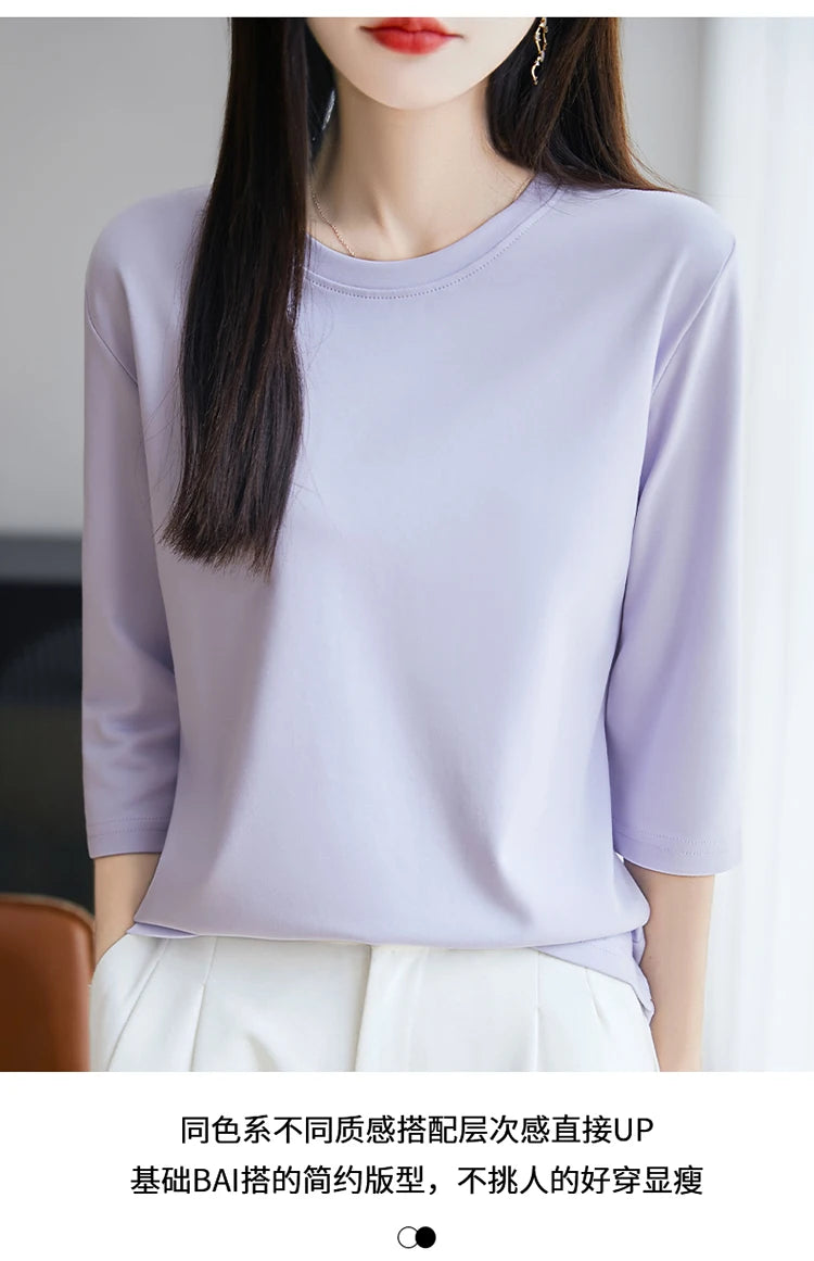 Spring And Summer New White Mercerized Cotton Short Sleeve T-Shirt Feminine Joker Cotton Cropped Sleeve Bottoming Shirt