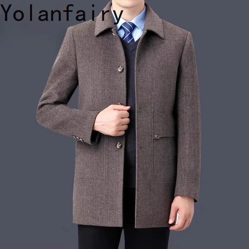YOLANFAIRY 100% Cashmere Jacket for Men 2025 Autumn Winter Mid-length Wool Coats Man Clothing Casual Business Men's Woolen Coat