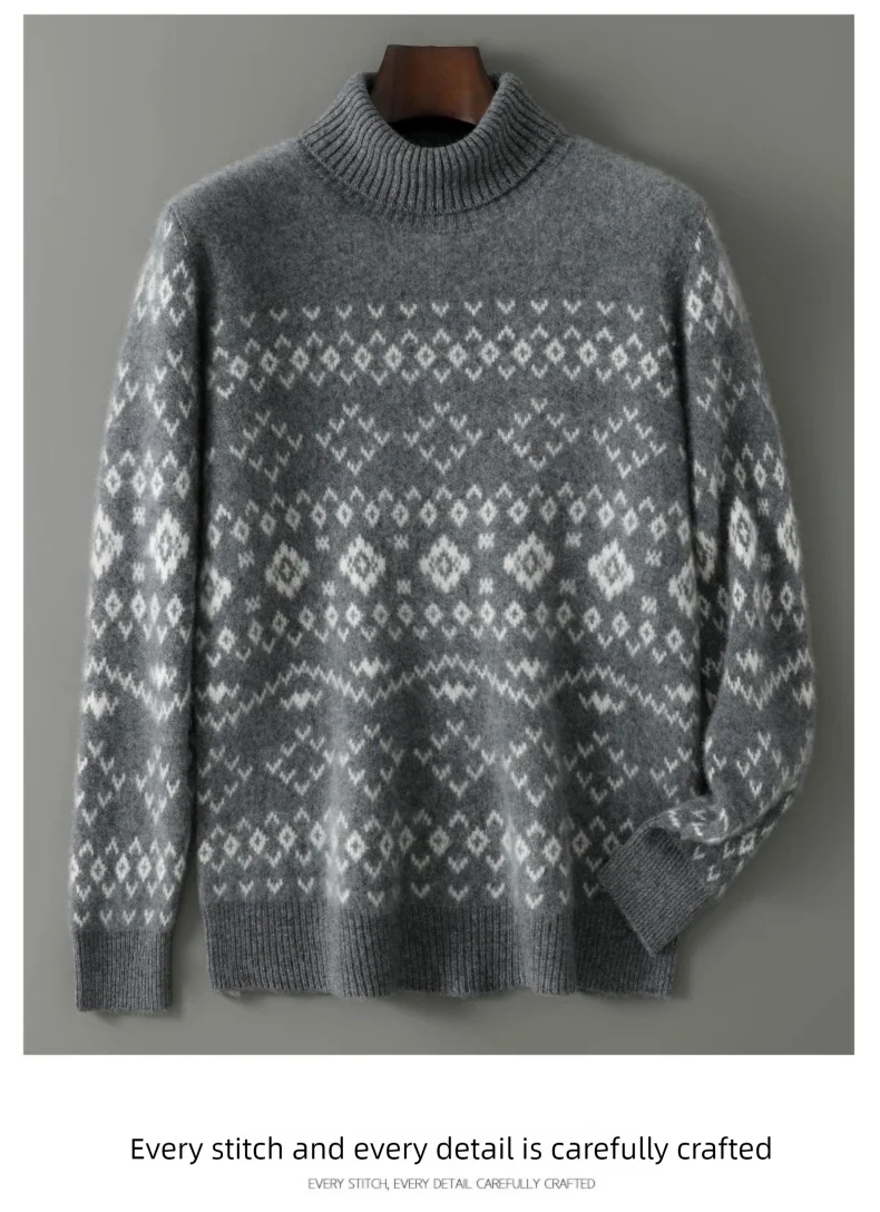 New 100% Pure Wool Cashmere Men's O-neck Pullover 2025 Autumn/Winter Color Matching Top Casual Thick Fashion Large Size Jacket