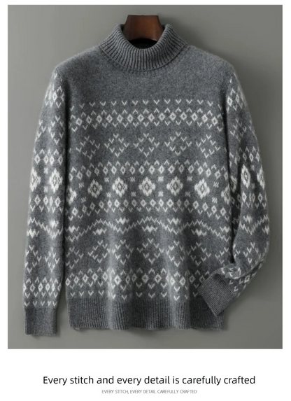 New 100% Pure Wool Cashmere Men's O-neck Pullover 2025 Autumn/Winter Color Matching Top Casual Thick Fashion Large Size Jacket