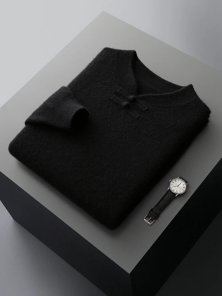 New Chinese Style Men's Pullover 100% Pure Wool Knit Sweater Autumn Winter Retro Stand Collar Long Sleeve Fashion Cashmere Tops