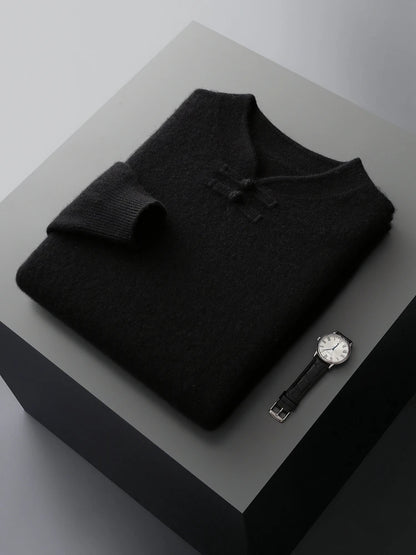 New Chinese Style Men's Pullover 100% Pure Wool Knit Sweater Autumn Winter Retro Stand Collar Long Sleeve Fashion Cashmere Tops