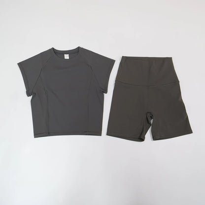 Summer Women's Two-Piece Fitness Set Woman's Short-Sleeve Quick-Dry Yoga Wear for Outdoor Running Sports Female 2Pcs Suit