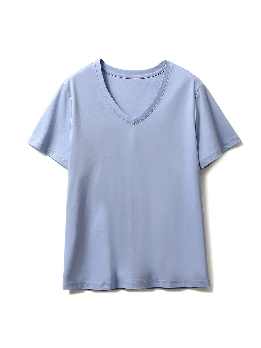 SuyaDream,Women Solid T shirts, 10%Silk 58%Cotton, V Neck, Short Sleeved Tee, 2025 Summer Candy Colors Basic Cozy Top