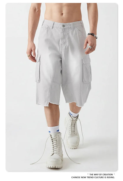 Custom LOGO men's 310G heavy 100% cotton summer American street multi-pocket retro washed old loose tooling seven-point shorts