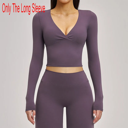 Deep-V Yoga Long Sleeve Solid Sports T-shirts Women's Gym Workout Shirts Sexy Quick Dry Fitness Long Sleeve Female Yoga Shirts
