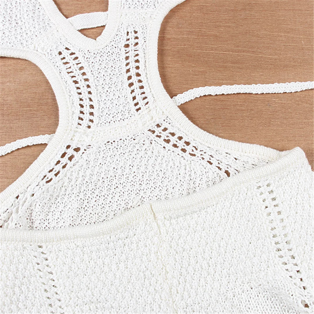 Sexy V Neck Halter Cut Out Dress Crochet Knitted Tunic Beach Cover Up Cover-ups Beach Dress Beachwear Female Women V4822B