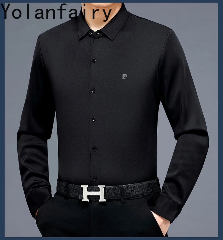 YOLANFAIRY 100% Mulberry Silk Long Sleeve Shirt Man Spring Autumn Casual Silk Mens Shirts Warm Male White Shirt chemises hommes