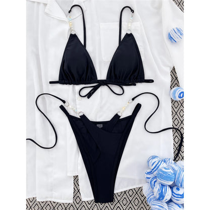 Sexy Halter Pearls Strappy Bikini Female Swimsuit Women Swimwear Two-pieces Bikini set High Cut Bather Bathing Suit Swim V5473