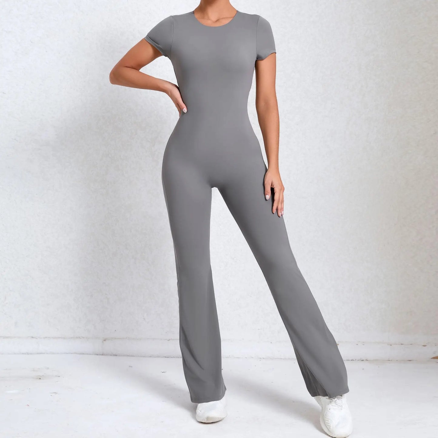 Women's Tracksuit Yoga Set Backless Jumpsuits Back V One Piece Fitness Rompers Short Sleeves Sportswear Gym Set Workout Clothes