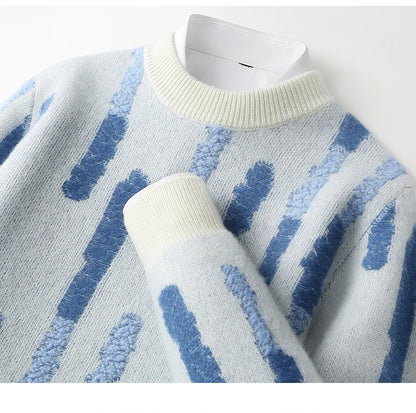 New 100% Pure Wool Men's O-neck Pullover 2025 Autumn/Winter Color Matching Top Casual Thick Fashion Large Size Jumper Sweater