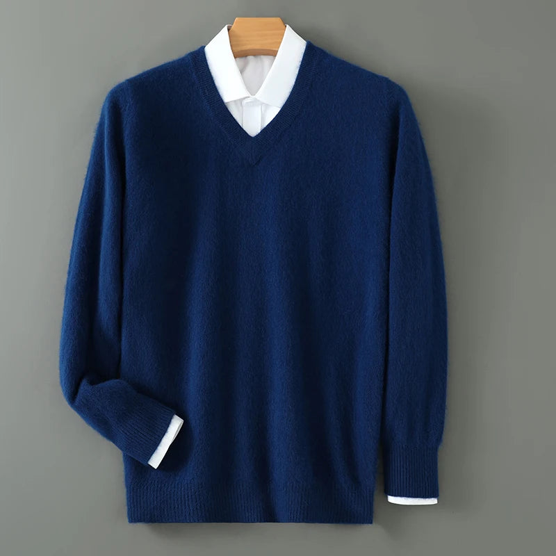 100% Pure Mink Cashmere Sweater Men's V-Neck Pullovers Knit Large Size Mink Sweater Winter New Long Sleeve High-End Jumpers Tops