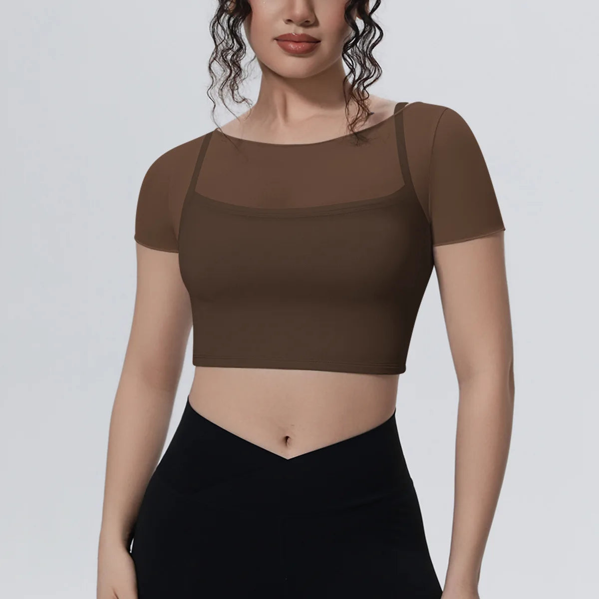 Hearuisavy Women's Mesh Short Sleeve Yoga Top With Padded Bra Fake Two Piece Gym Clothing Quick Dry Sports Crop Top Fitness Top
