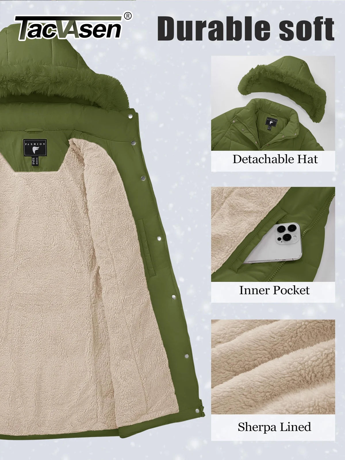 TACVASEN Womens Fleece Long Padding Winter Jacket Down Puffer Outwear with Removable Hood Waterproof Windproof Thicken Park Coat