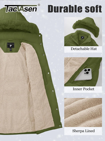 TACVASEN Womens Fleece Long Padding Winter Jacket Down Puffer Outwear with Removable Hood Waterproof Windproof Thicken Park Coat