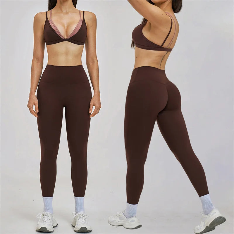 TRY TO BN Women's Color Block Yoga Sets Fake Two-Piece Sports Bra High Waisted Leggings Breathable Fitness Workout Gym Tracksuit
