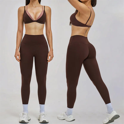 TRY TO BN Women's Color Block Yoga Sets Fake Two-Piece Sports Bra High Waisted Leggings Breathable Fitness Workout Gym Tracksuit