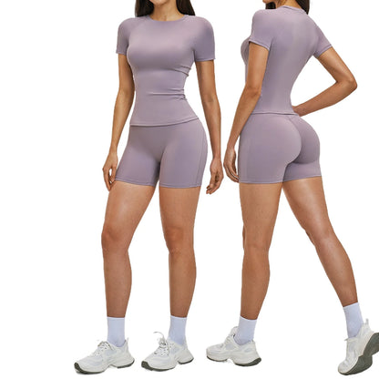 Custom LOGO women's spring and summer short-sleeved sports yoga fitness clothes shorts casual sports two-piece set