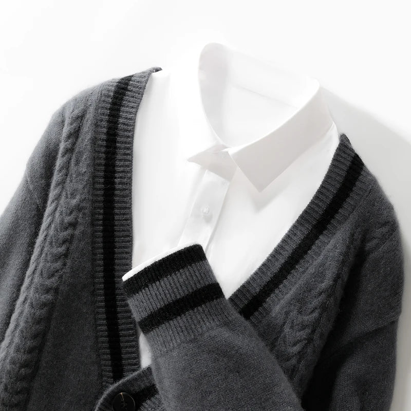 100% Merino Wool Color-Blocked Double Pocket Knit Cardigan Cashmere Soft Long Sleeves Basic Comfortable Men's  Clothing Top