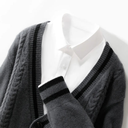 100% Merino Wool Color-Blocked Double Pocket Knit Cardigan Cashmere Soft Long Sleeves Basic Comfortable Men's  Clothing Top