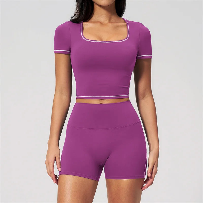 TRY TO BN 2 Pieces Women's Tracksuit Yoga Short Sleeves Top Sets High Waist Shorts Contrasting Color Running Fitness Gym Clothes