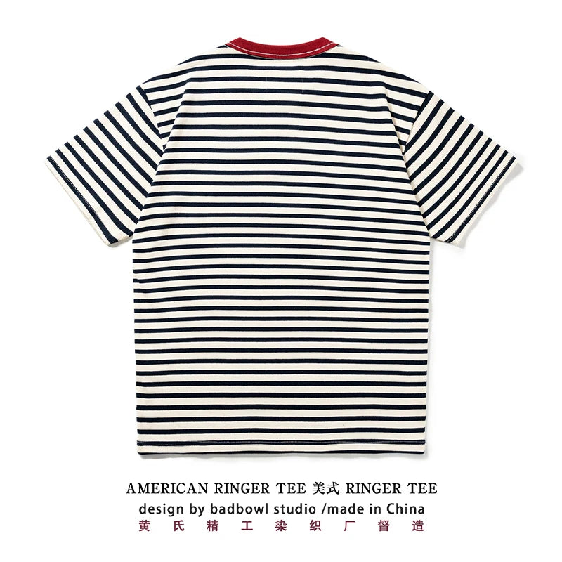 Summer new pure cotton T-shirt men's American retro contrasting shirt versatile couple short sleeved T-shirt striped base shirt