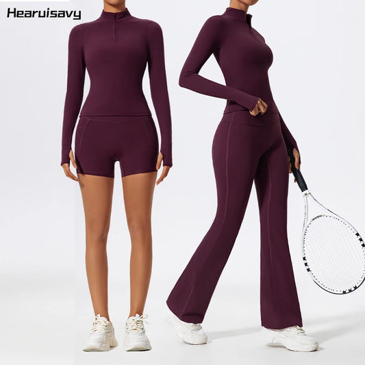 Hearuisavy Summer Half Zipper Yoga Suit Outdoor Workout Clothing Gym Set Women Flared Pants 2Pcs Sports Long Sleeves Shirt Suit