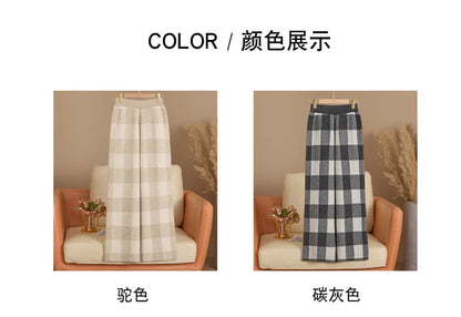 DjzDsm Autumn and Winter New Women's 100% Merino Wool Thickened High Waist Knitted Wide Leg Pants Four Flat Casual Plaid Pants