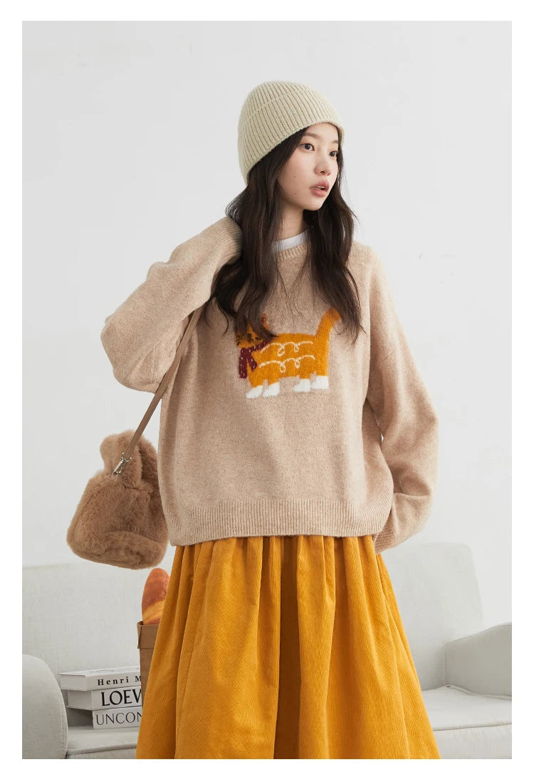 CHIC VEN New Women Sweaters Loose Casual O Neck Cartoon Cat Female Knitted Jumpers Pullovers for Girl Autumn Winter 2025
