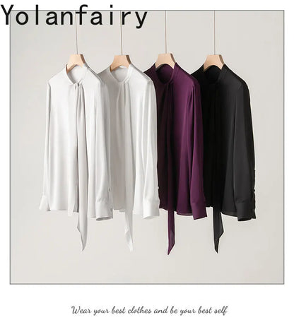 YOLANFAIRY 93% Real Mulberry Silk Shirts for Women Spring 2026 Elegant Solid Long Sleeve Shirt Woman Top Ribbon OL Blouses Trend