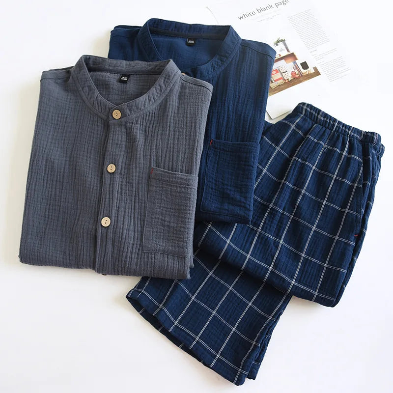 2026 Japanese style new couple sleepwear set 100% cotton crepe fabric long sleeved long pants two-piece home wear pajama