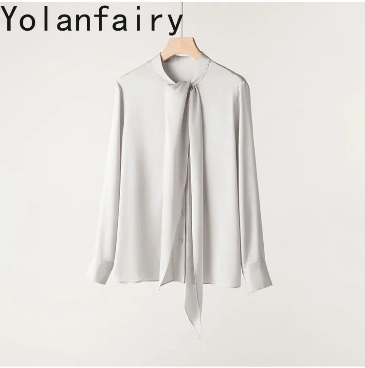 YOLANFAIRY 93% Real Mulberry Silk Shirts for Women Spring 2026 Elegant Solid Long Sleeve Shirt Woman Top Ribbon OL Blouses Trend