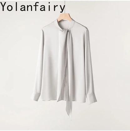 YOLANFAIRY 93% Real Mulberry Silk Shirts for Women Spring 2026 Elegant Solid Long Sleeve Shirt Woman Top Ribbon OL Blouses Trend