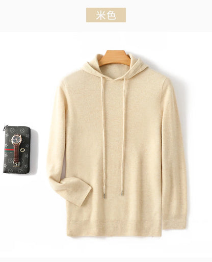 Men's 100% Merino Wool Sweater Hooded Collar Knitted Pullover Cashmere Sweatshirt Autumn Winter Casual Large Tops Long Sleeved
