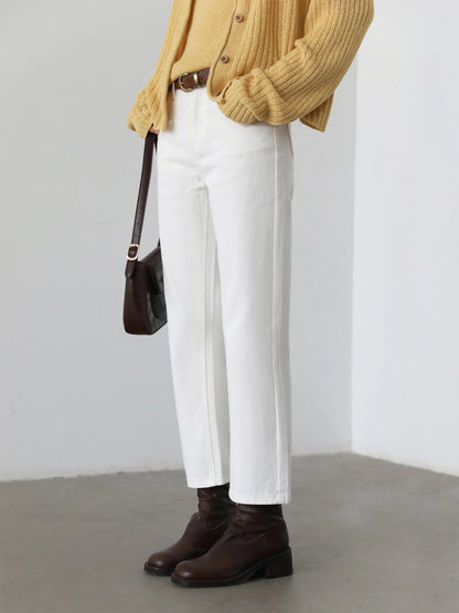 CHIC VEN Women Pants White Slim High Waisted Cotton Straight Leg Casual Slim Leg Jeans Girl Trouser Spring Autumn 2025