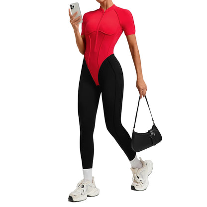 SOISOU Zipper Jumpsuit Women Nylon Clothing Sportswear Woman Gym Yoga Sport Sets Short Sleeve Workout Sets Women Tracksuit