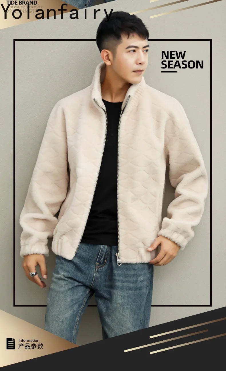 YOLANFAIRY Winter 100% Sheep Shearing Jacket Man Clothing Fashion Stand Collar Granular Lamb Fur Coat Men's Jackets chaqueta