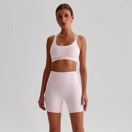 Solid Color High Impact Solid Gym Yoga Set Tight Legging Fitness Cross-back straps Bra Top 2pcs Soft Sport Suit  Women Sportwear