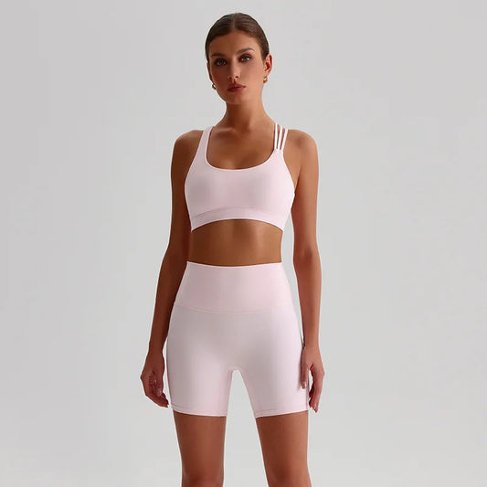 Solid Color High Impact Solid Gym Yoga Set Tight Legging Fitness Cross-back straps Bra Top 2pcs Soft Sport Suit  Women Sportwear