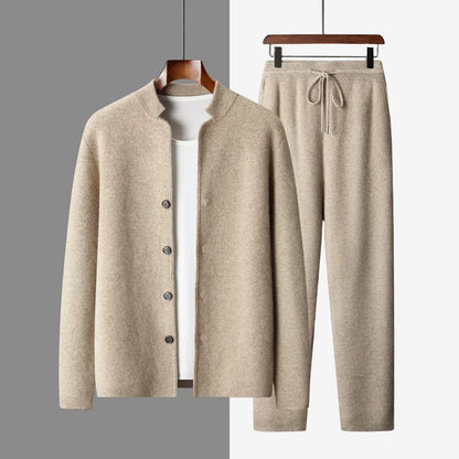 DjzDsm New Autumn Winter Men's 100% Pure Cashmere Thick Button Cardigan Set Cashmere Knitted Casual Shorts 2-Piece Set Clothing